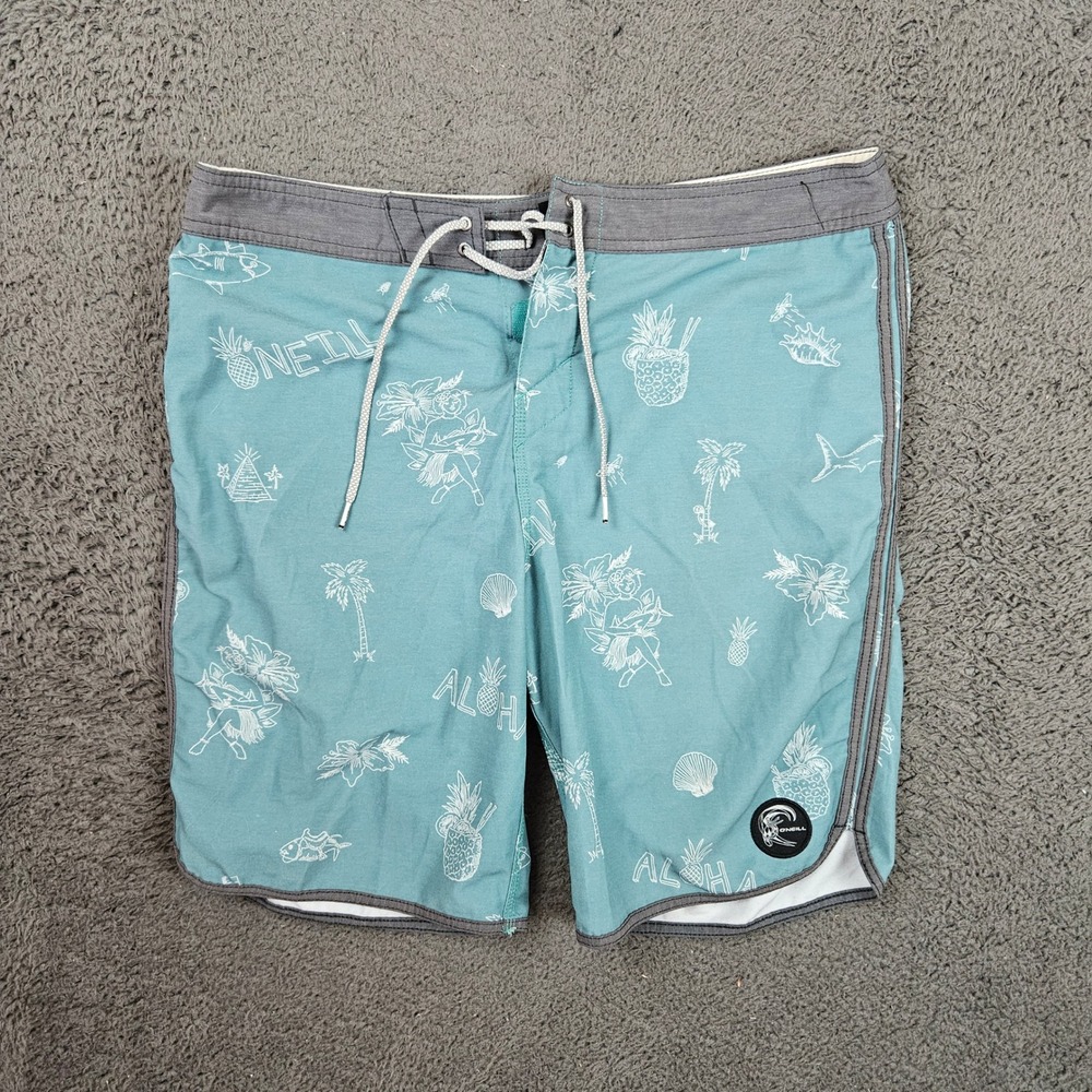 ONeill Hyperfreak Mens Board Shorts 32 Teal Aloha Tropical Print Stretch Swim‎